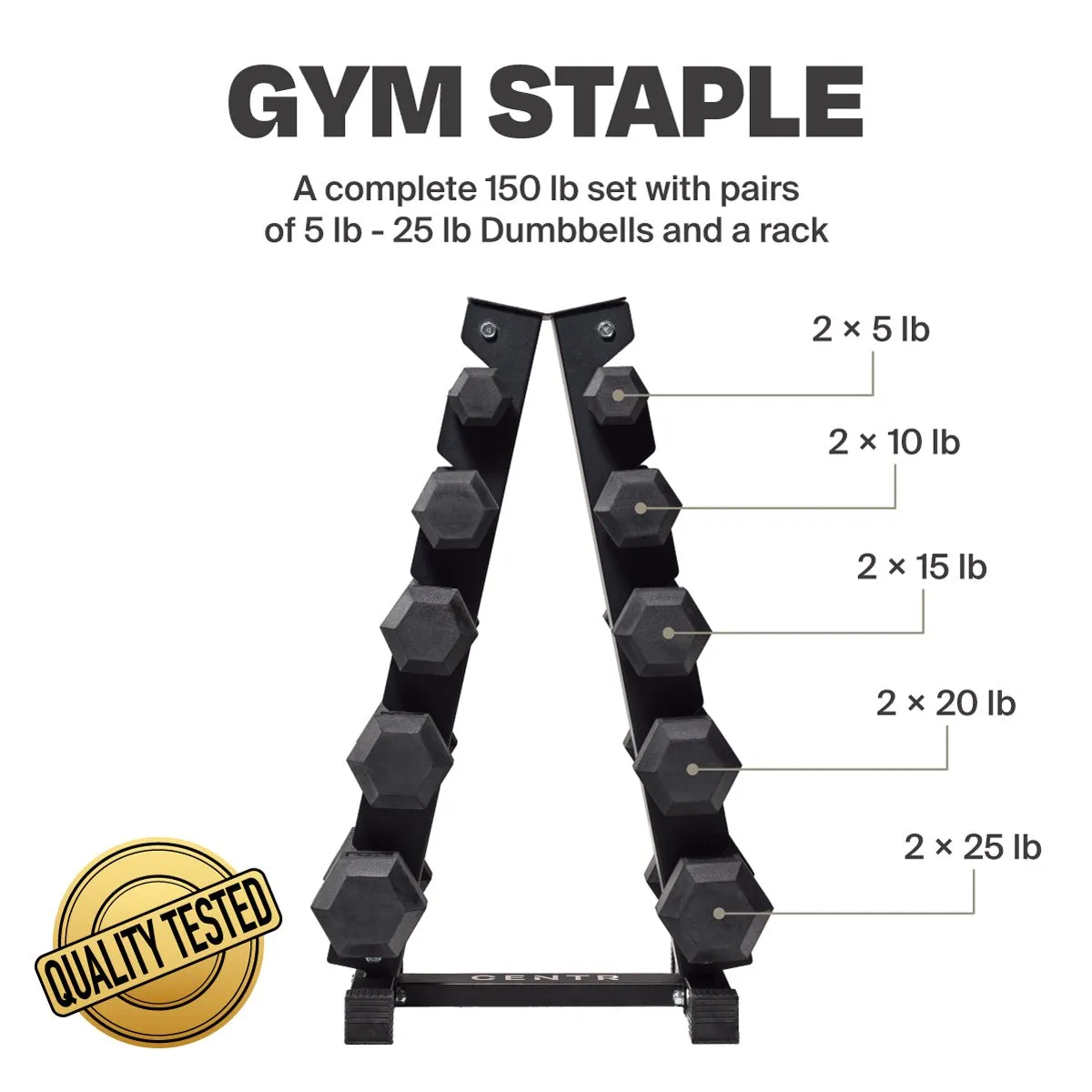 Centr 5-25 Lb Dumbbell Weight Set with Rack