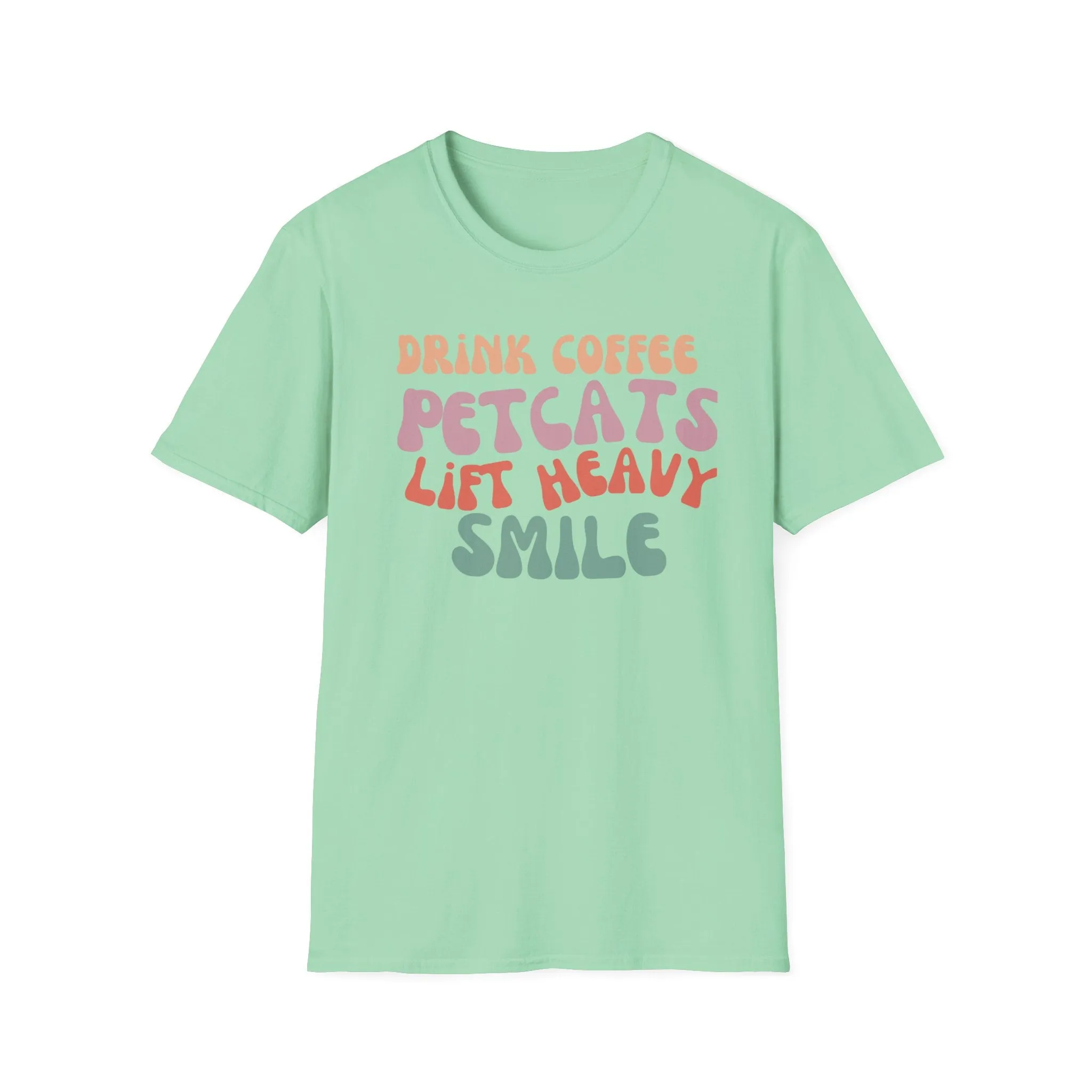 Cute Retro Graphic Tee Drink Coffee Tshirt Pet Cats T-shirts Lift Heavy T-shirt Smile T Shirts for Cat Lover gifts for Gym Tees Workout tees