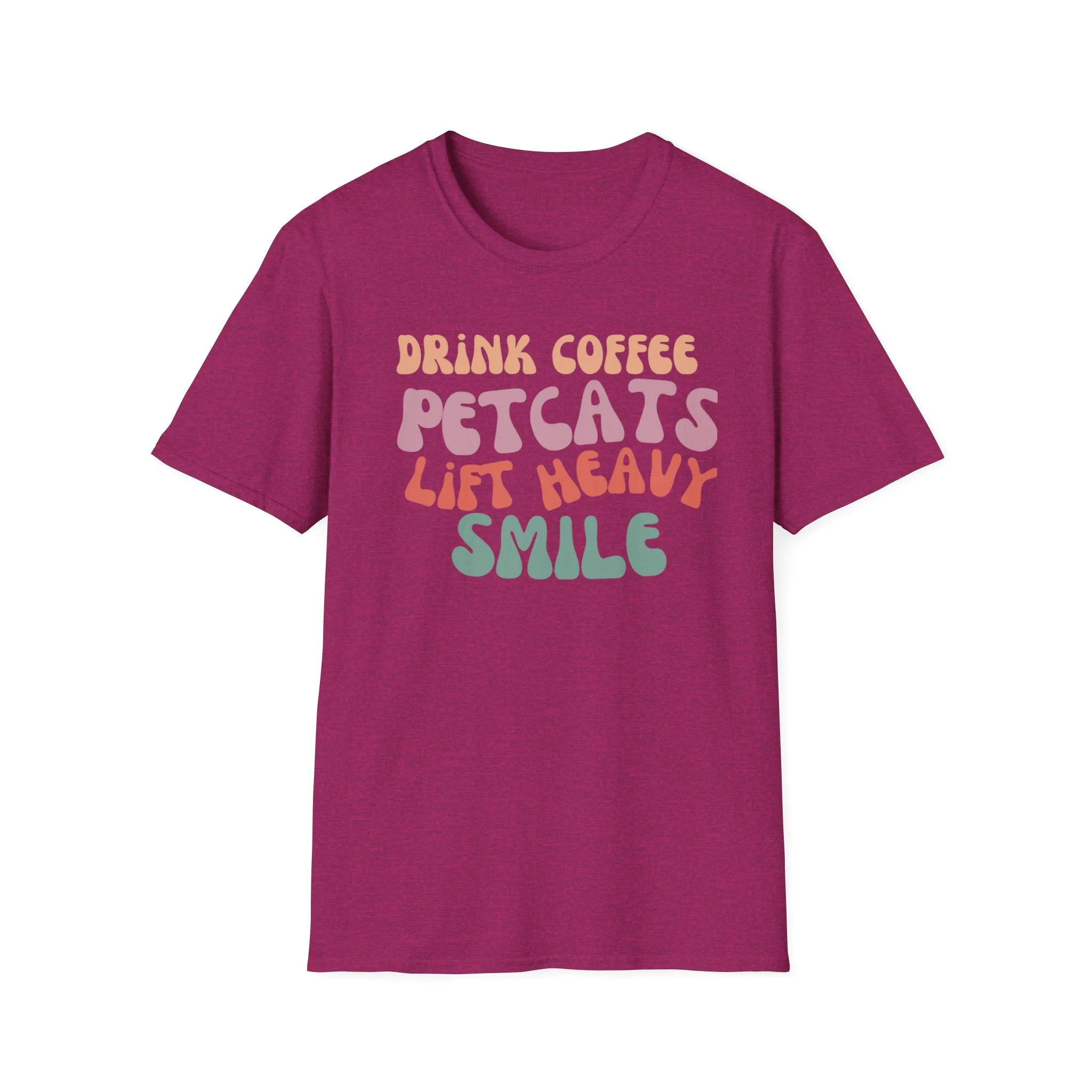 Cute Retro Graphic Tee Drink Coffee Tshirt Pet Cats T-shirts Lift Heavy T-shirt Smile T Shirts for Cat Lover gifts for Gym Tees Workout tees