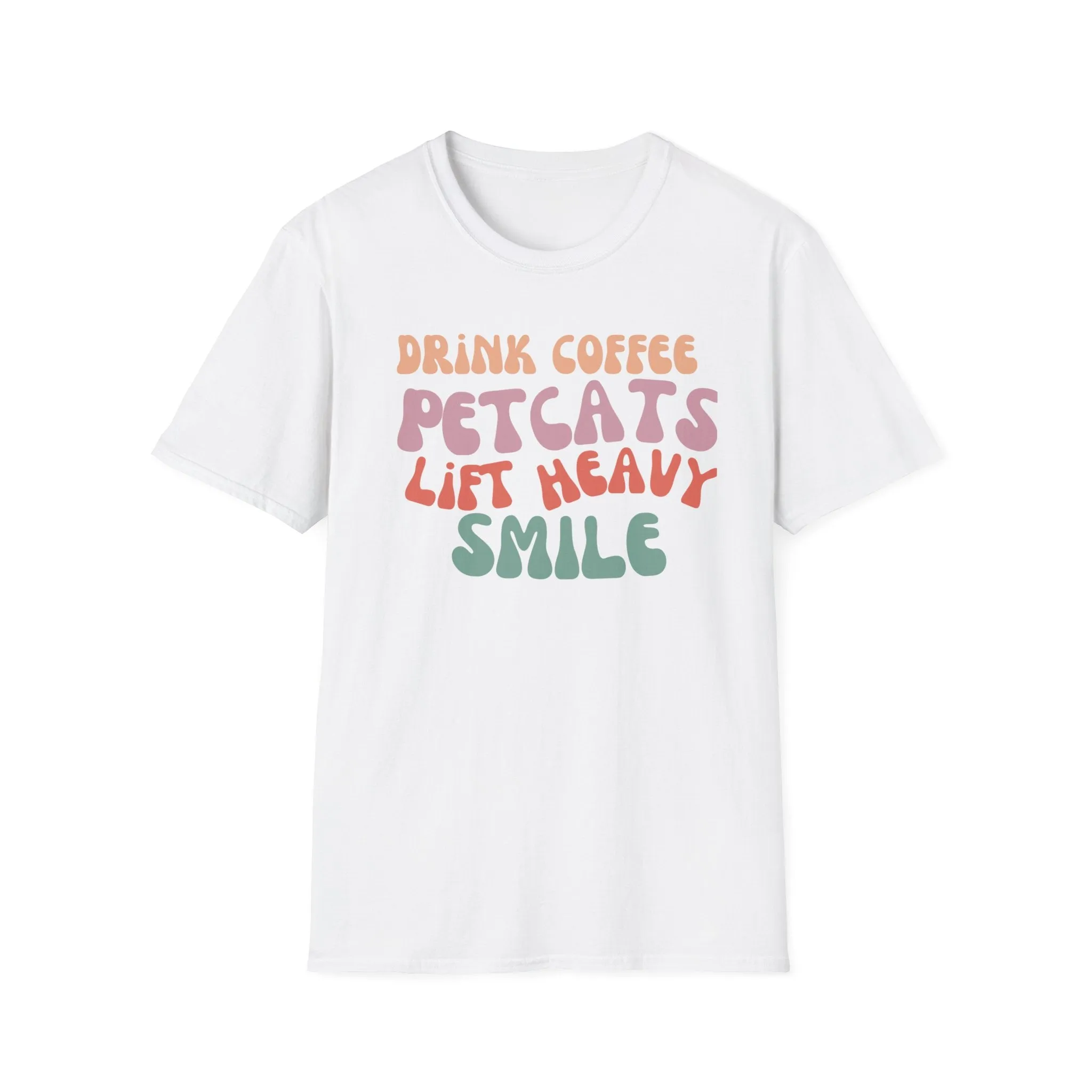 Cute Retro Graphic Tee Drink Coffee Tshirt Pet Cats T-shirts Lift Heavy T-shirt Smile T Shirts for Cat Lover gifts for Gym Tees Workout tees