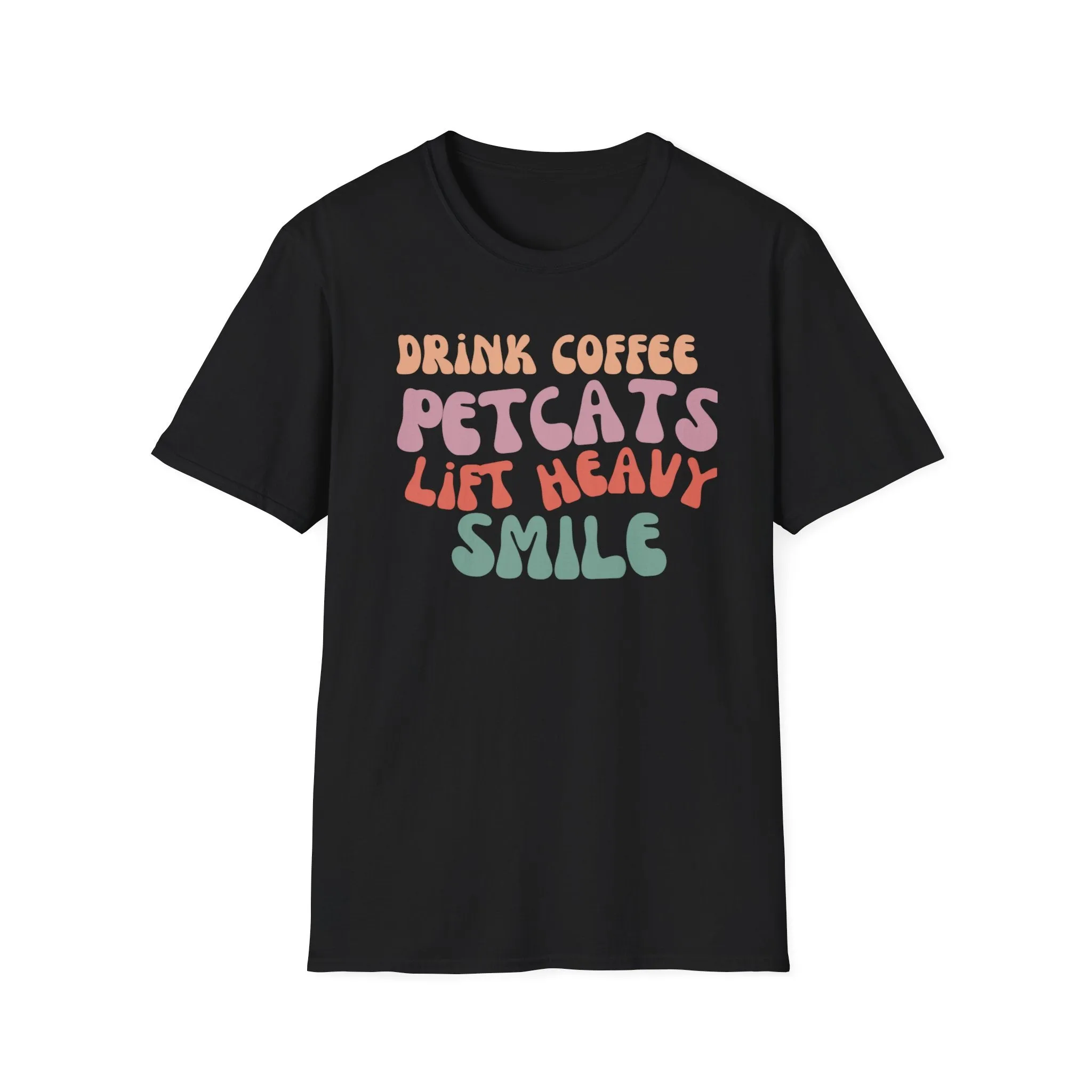 Cute Retro Graphic Tee Drink Coffee Tshirt Pet Cats T-shirts Lift Heavy T-shirt Smile T Shirts for Cat Lover gifts for Gym Tees Workout tees