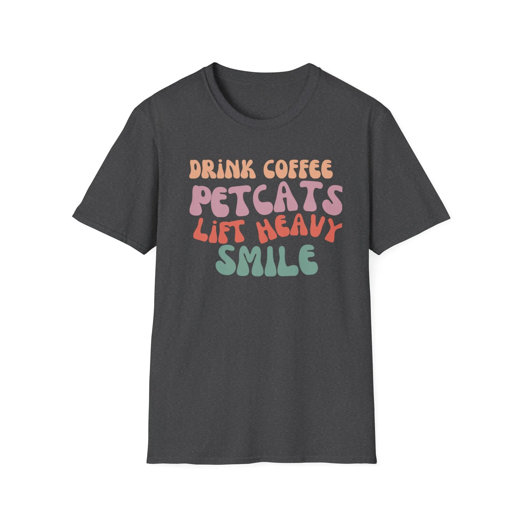 Cute Retro Graphic Tee Drink Coffee Tshirt Pet Cats T-shirts Lift Heavy T-shirt Smile T Shirts for Cat Lover gifts for Gym Tees Workout tees