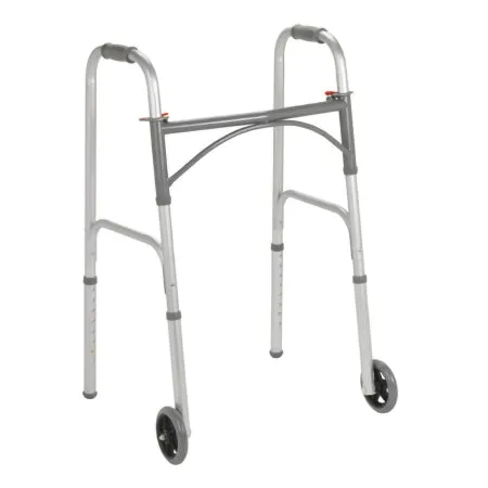 Dual Release Folding Walker with Wheels Adjustable Height Steel Frame 350 lbs. Weight Capacity 32 to 39 Inch Height - McKesson Mfr# 146-10244-4
