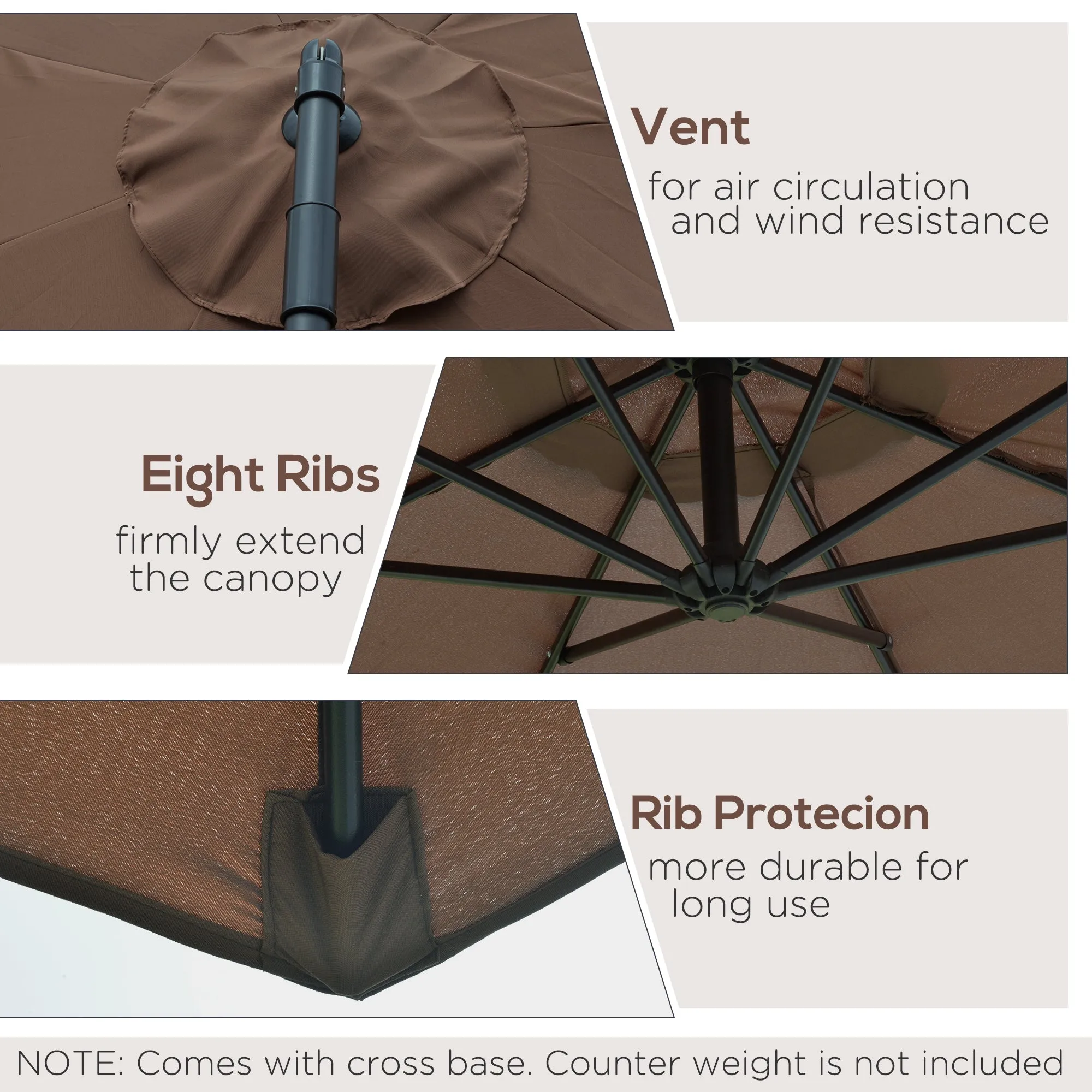 Outsunny 3m Garden Banana Parasol Cantilever Umbrella w/Crank& Base, Brown