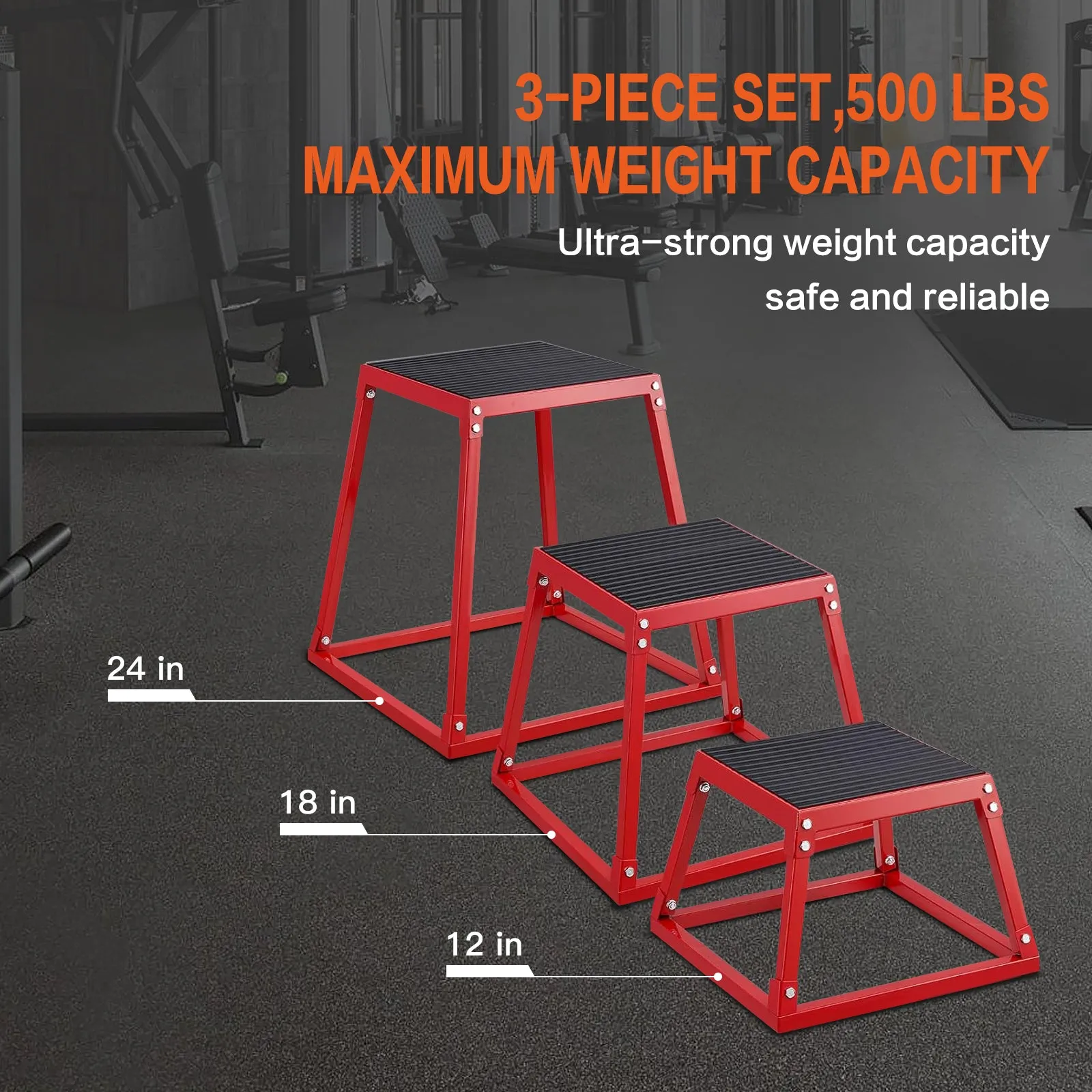 Plyometric Jump Box 3 Pcs Set, 12/18/24 Inch Fitness Exercise Platform, Steel Anti-Slip Step Up Box Jumping Agility Box for Home Gym Strength Training Workout, Black / Red