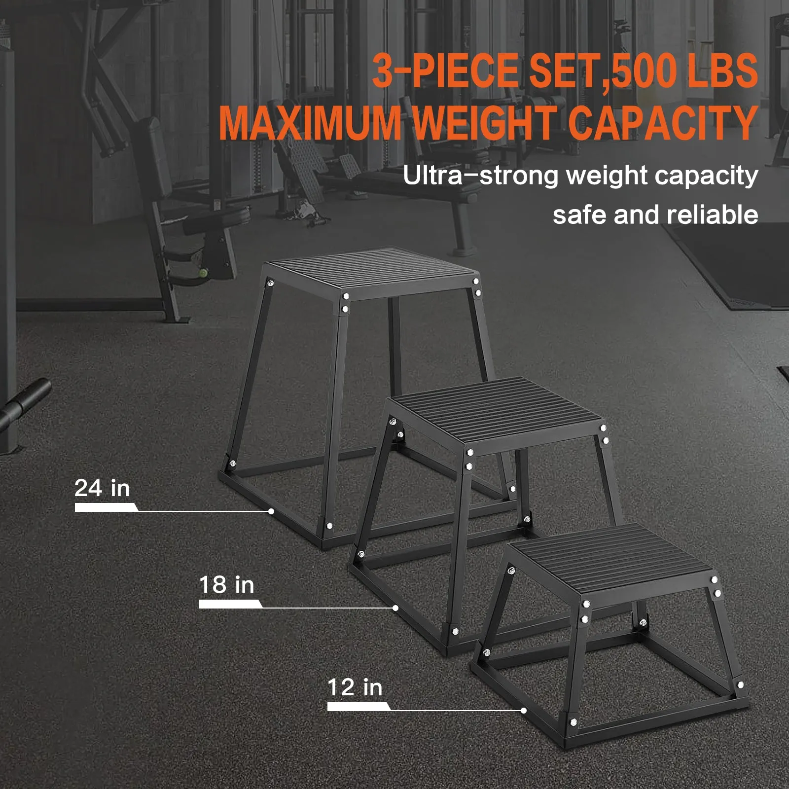 Plyometric Jump Box 3 Pcs Set, 12/18/24 Inch Fitness Exercise Platform, Steel Anti-Slip Step Up Box Jumping Agility Box for Home Gym Strength Training Workout, Black / Red