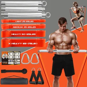 Portable Extra Heavy Home Gym Resistance Band Bar Set with 4 Stackable Resistance Bands,Detachable Full Body Workout Equipment Exercise Bar Kit,500LBS Longer Bar with Bands,Workout Guide Included