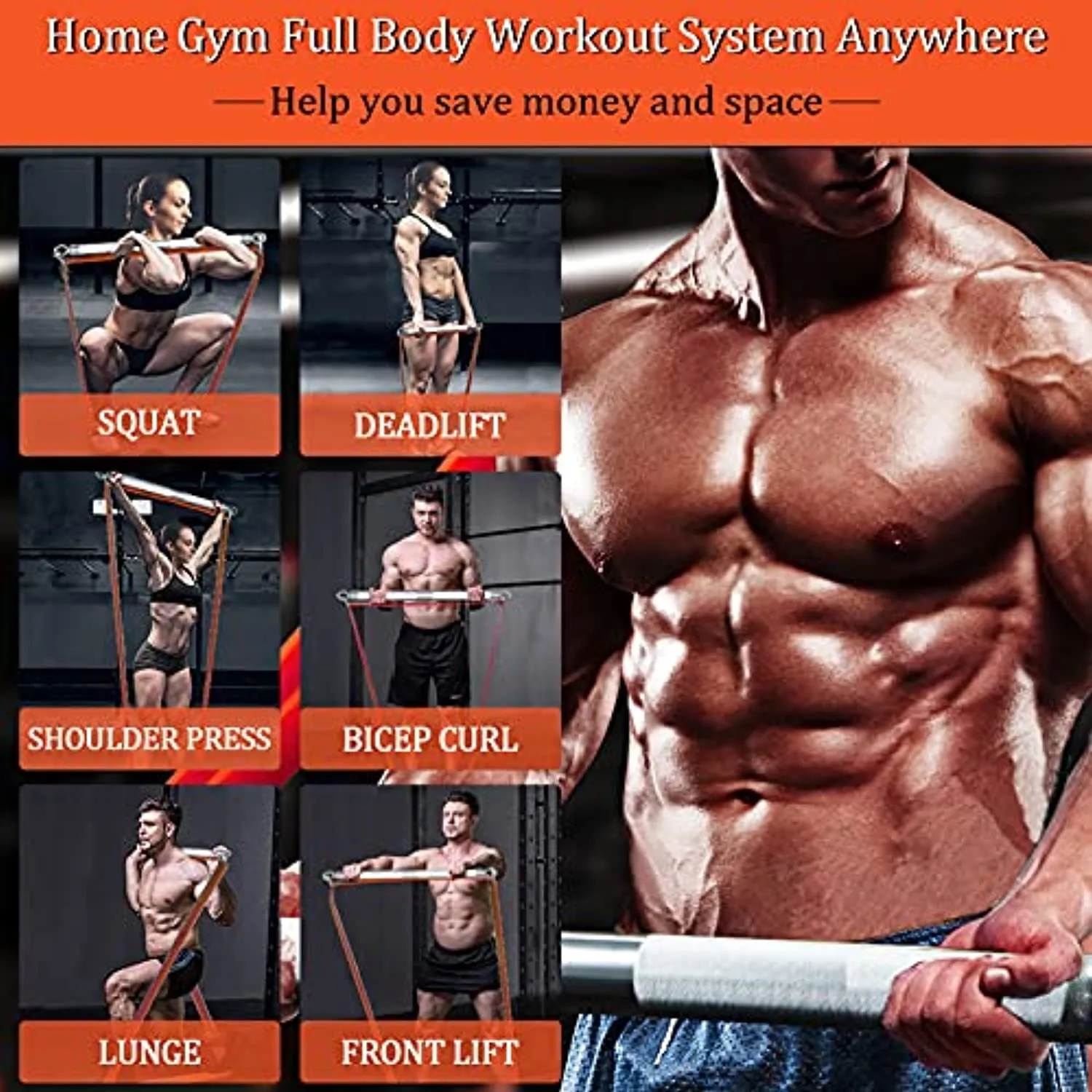 Portable Extra Heavy Home Gym Resistance Band Bar Set with 4 Stackable Resistance Bands,Detachable Full Body Workout Equipment Exercise Bar Kit,500LBS Longer Bar with Bands,Workout Guide Included