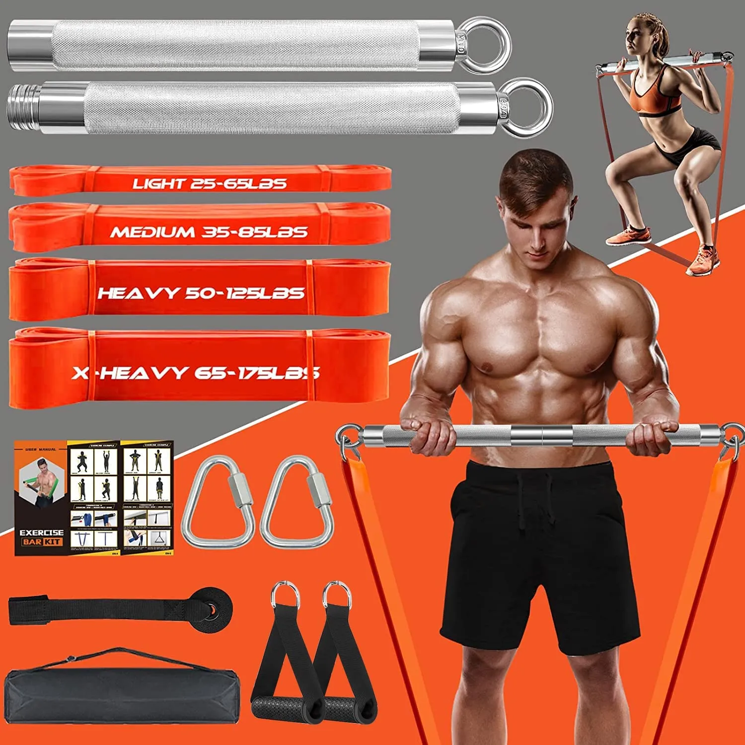 Portable Extra Heavy Home Gym Resistance Band Bar Set with 4 Stackable Resistance Bands,Detachable Full Body Workout Equipment Exercise Bar Kit,500LBS Longer Bar with Bands,Workout Guide Included