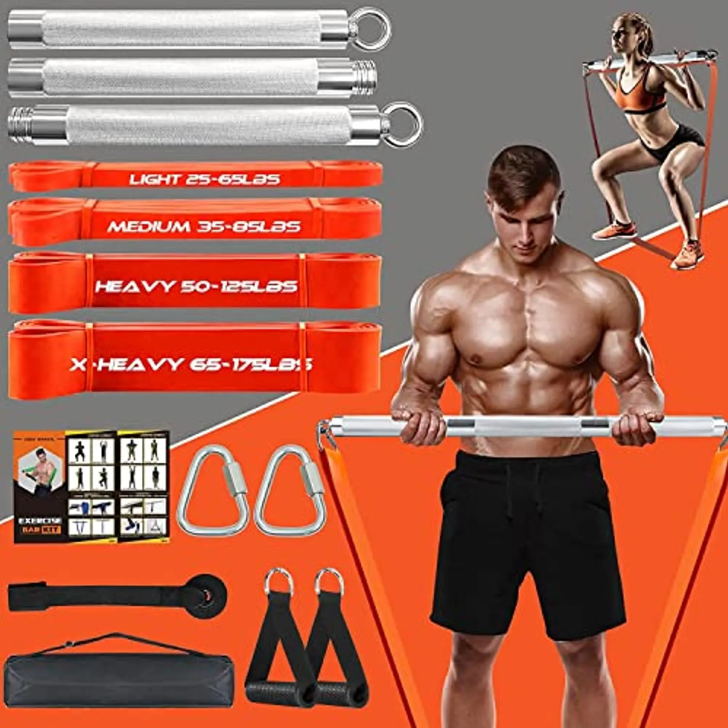 Portable Extra Heavy Home Gym Resistance Band Bar Set with 4 Stackable Resistance Bands,Detachable Full Body Workout Equipment Exercise Bar Kit,500LBS Longer Bar with Bands,Workout Guide Included