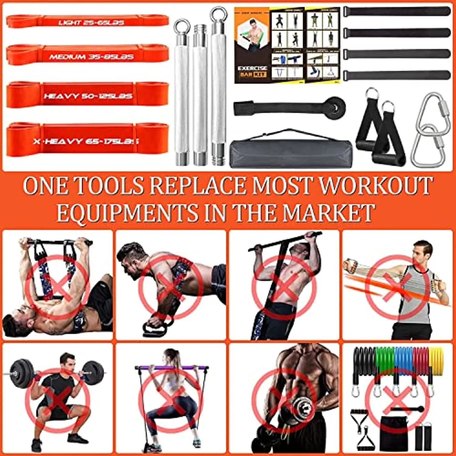 Portable Extra Heavy Home Gym Resistance Band Bar Set with 4 Stackable Resistance Bands,Detachable Full Body Workout Equipment Exercise Bar Kit,500LBS Longer Bar with Bands,Workout Guide Included