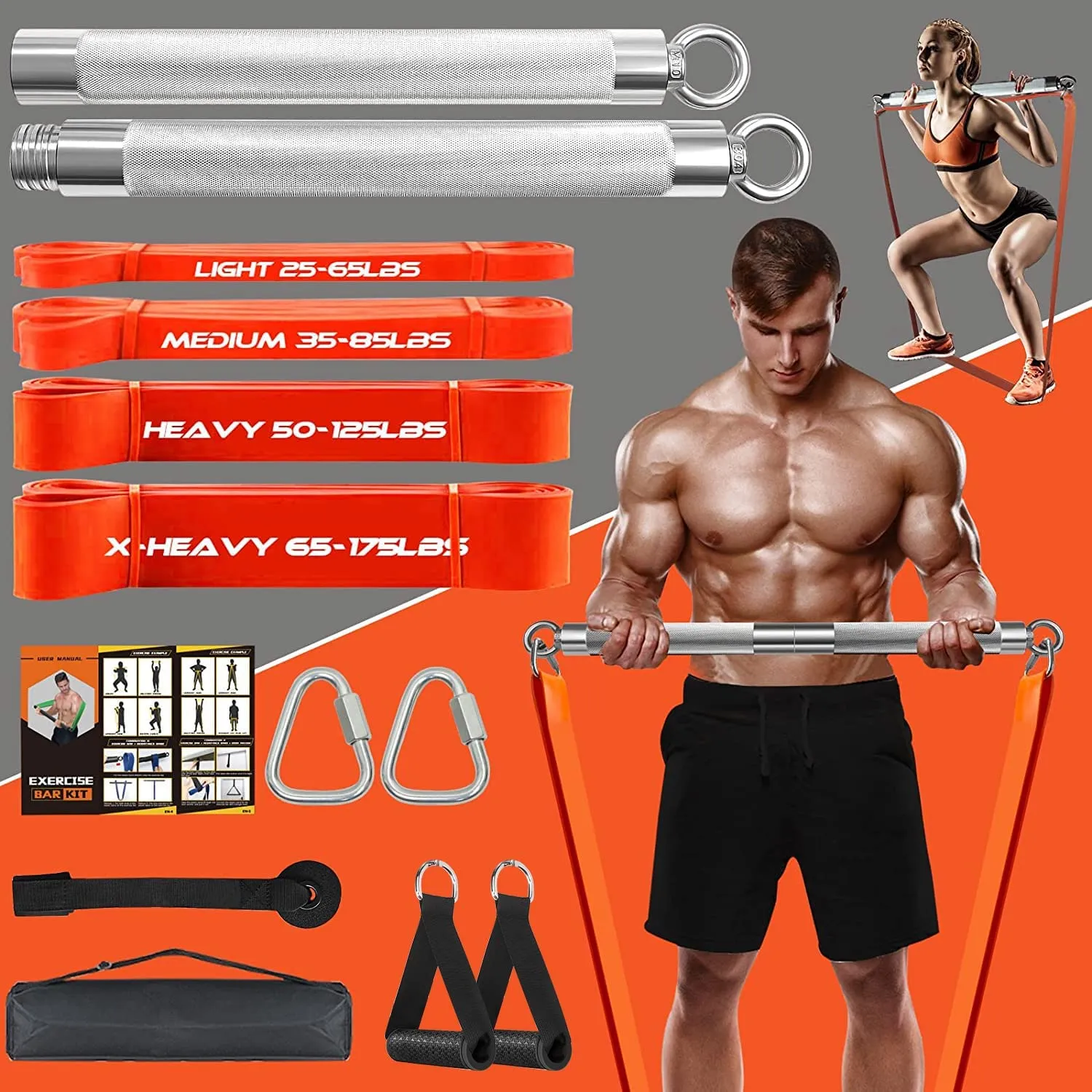 Portable Extra Heavy Home Gym Resistance Band Bar Set with 4 Stackable Resistance Bands,Detachable Full Body Workout Equipment Exercise Bar Kit,500LBS Longer Bar with Bands,Workout Guide Included