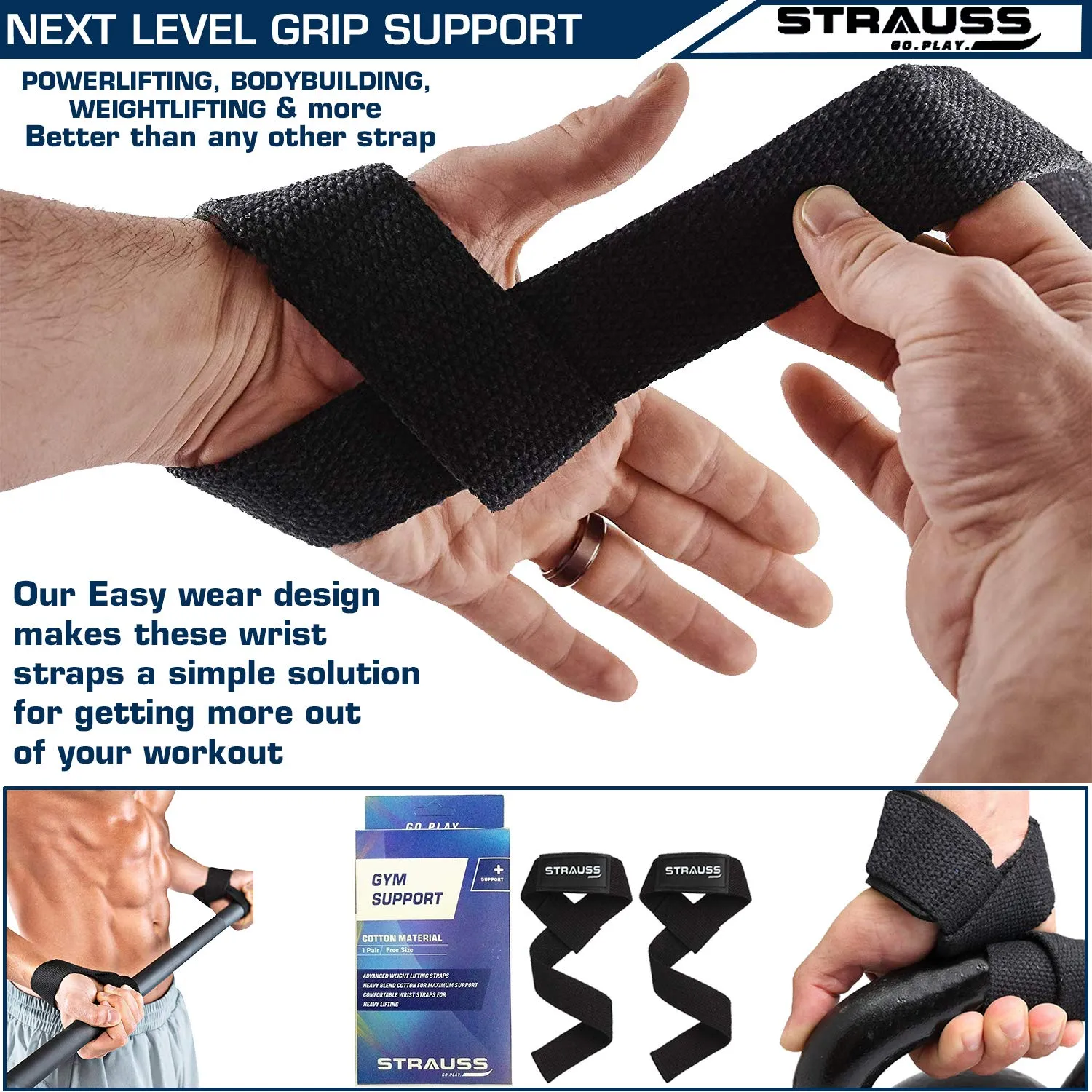Strauss PT Cotton Gym Support, Pair (Black) and Wrist Support, Free Size (Black)