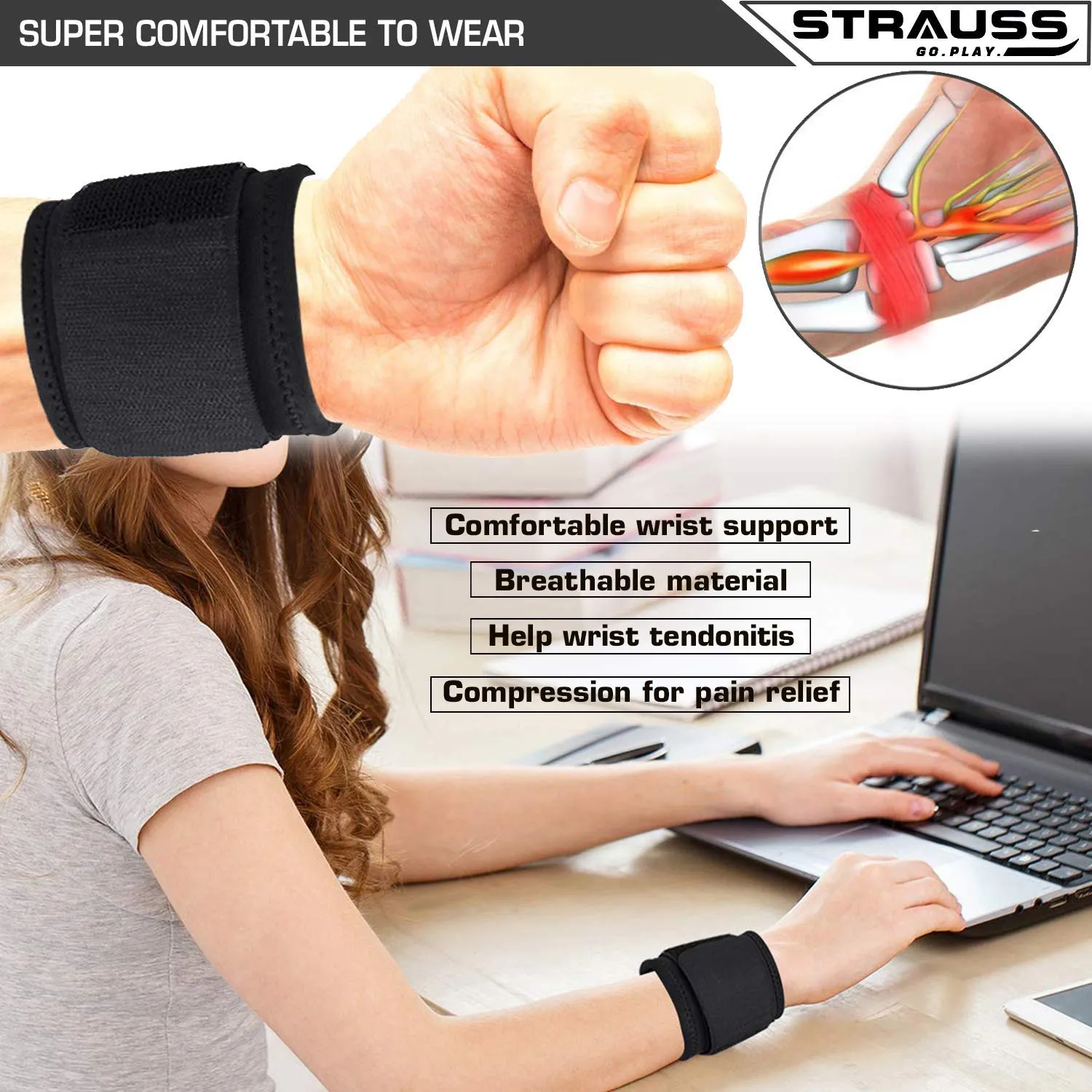 Strauss PT Cotton Gym Support, Pair (Black) and Wrist Support, Free Size (Black)