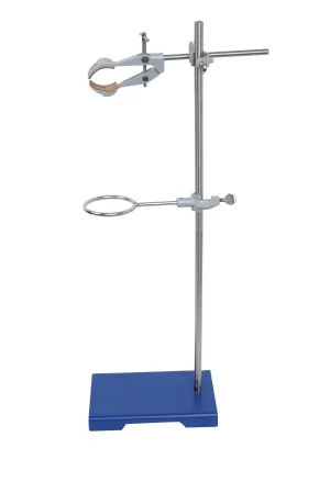 Upgraded 4 Piece Set - Rectangular Retort Stand, Rod, Clamp & Ring Set - 8"x5" Steel Base, 23.6" 2 Piece Stainless Steel Rod, 3" Steel Support Rings, 4-Pronged Cork-Lined Clamp - Eisco Labs