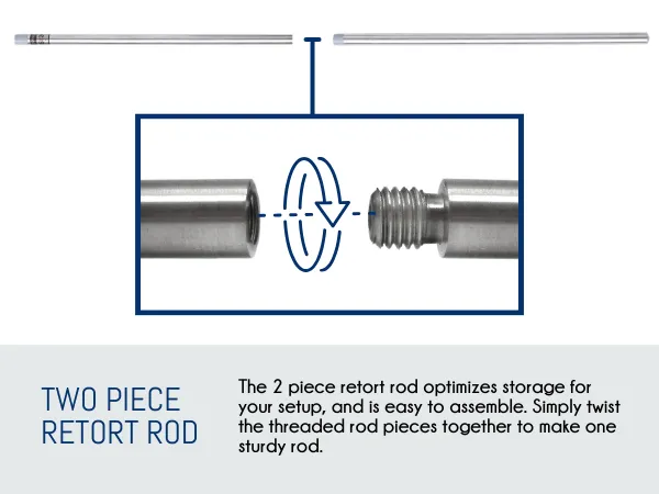 Upgraded 4 Piece Set - Rectangular Retort Stand, Rod, Clamp & Ring Set - 8"x5" Steel Base, 23.6" 2 Piece Stainless Steel Rod, 3" Steel Support Rings, 4-Pronged Cork-Lined Clamp - Eisco Labs